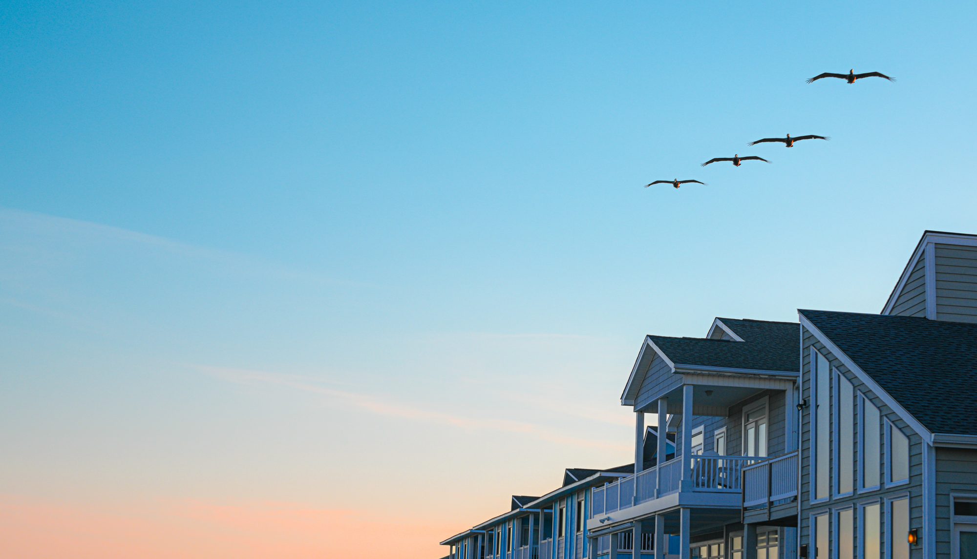 Row of coastal North Carolina beach houses at sunset with pelicans overhead
